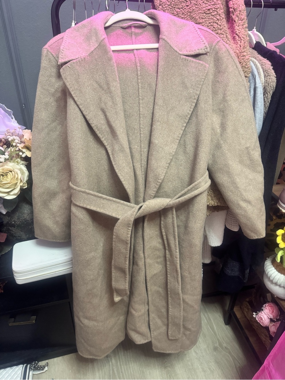 Women's Taupe Belted Pure Cashmere Trench Coat